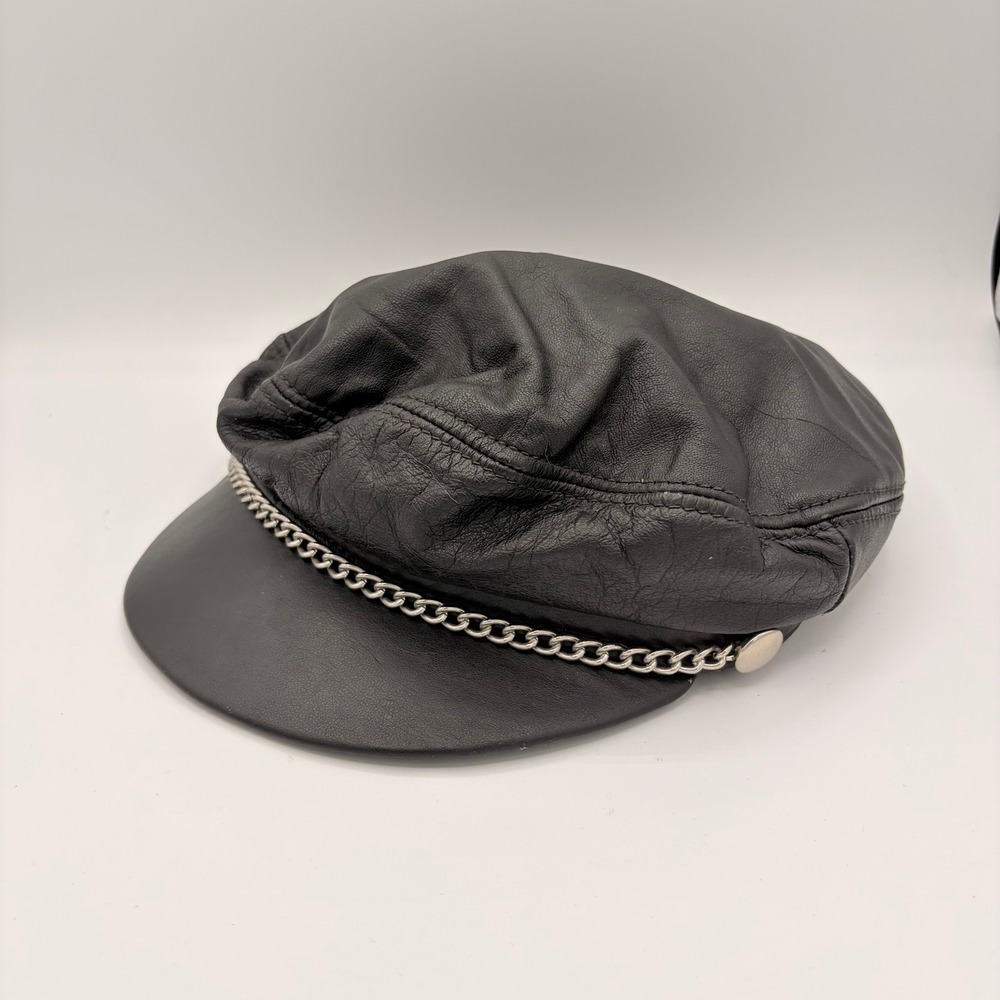 Henschel Biker Newsboy Cap Large Vintage 90s Black Leather Silver Chain Hat USA